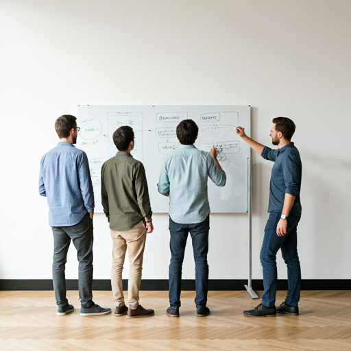 A group of people brainstorming on a whiteboard in a modern office setting