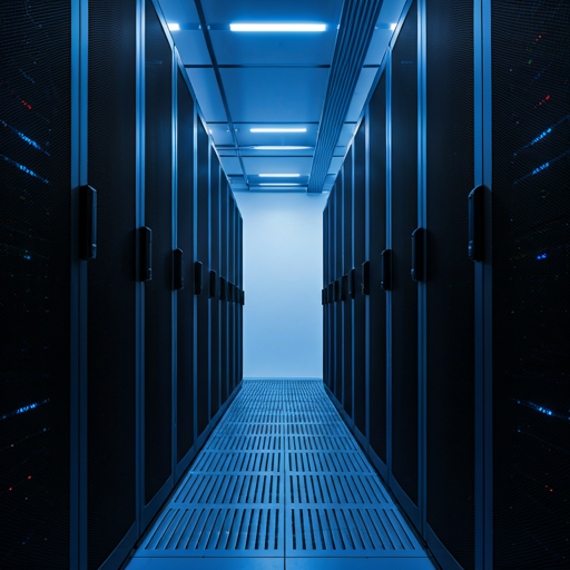 Server rack aisle in a modern data center with blue LED lights